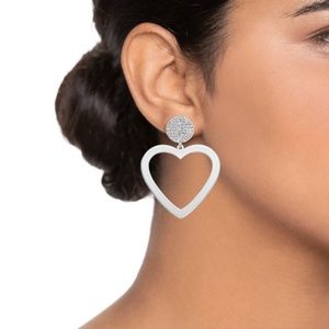 Nine West Silver Tone Crystal Heart Drop Earrings